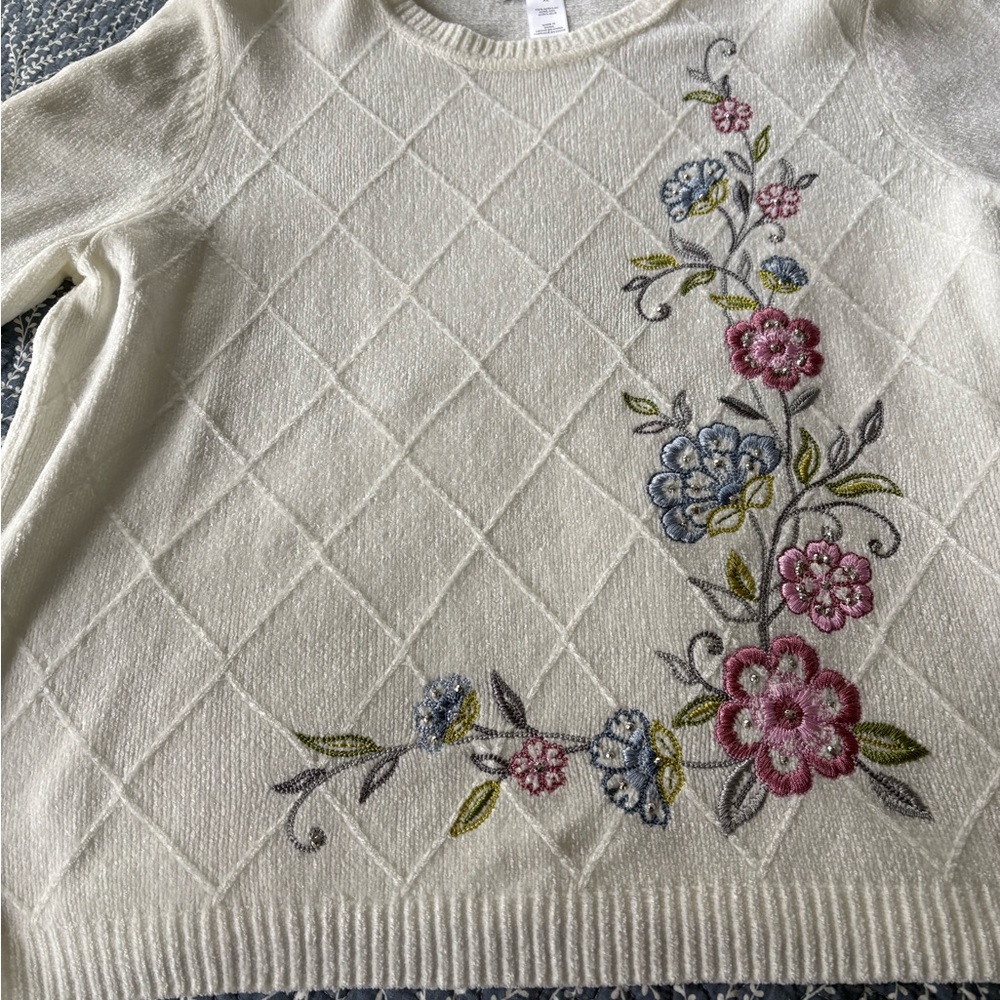 Alfred Dunner Cream Sweater with Floral Embroidery